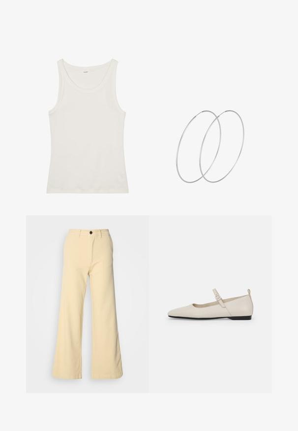 Valge puuvillane top, millel on lai kaelus ja õhukesed õlavarre rihmad. Sile tekstuur ilma nähtavate mustrite või kaunistusteta.; Heledad püksid heledas kollas, valmistatud puuvilla segukangast. Omavad esimest nööp kinnitust, vöökohasid ja kahte külgtaskut.; Valgete nahast Mary Jane lamedate kingade kumerad varbad, külgmine pandla ja madal must konts. Sile tekstuur ja minimalistik disain.; Hõbedased rõngastikkaehingad minimalistlikus disainis. Ümar kuju, sile tekstuur ja õhuke profiil. Kerged ning poleeritud viimistlusega.
