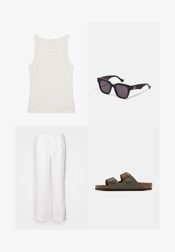 Bílý bavlněný top bez rukávů s širokým výstřihem a tenkými ramínky. Hladká textura bez viditelných vzorů nebo ozdob.; Marc O'Polo PANTS JOGGER STYLE STRAIGHT LEG MEDIUM WAIST DRAWSTRING - Kalhoty - white; Tmavě zelená skládací sandál s dvěma nastavitelnými popruhy a měděným kováním, vybavený korkovou stélkou a texturovanou gumovou podrážkou.; Černé sluneční brýle ve tvaru čtverce s tmavými skly, zdobené zlatými logovými akcenty na spáncích a matným povrchem. Úhlový design pro odvážný vzhled.