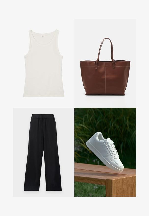 Top de algodão branco, sem mangas, com um decote largo e alças finas. Textura suave sem padrões ou adornos visíveis.; Calças largas pretas feitas de um tecido suave, com uma cintura elástica e sem fechos ou padrões visíveis.; Sapatilha branca com um cabedal sintético liso, caixa dos dedos perfurada, atacadores planos e uma sola texturizada, exposta sobre uma superfície de madeira.; Sacola Tote de couro castanho com alças duplas, apresenta costura em contraste e um design espaçoso, adequada para o uso diário.
