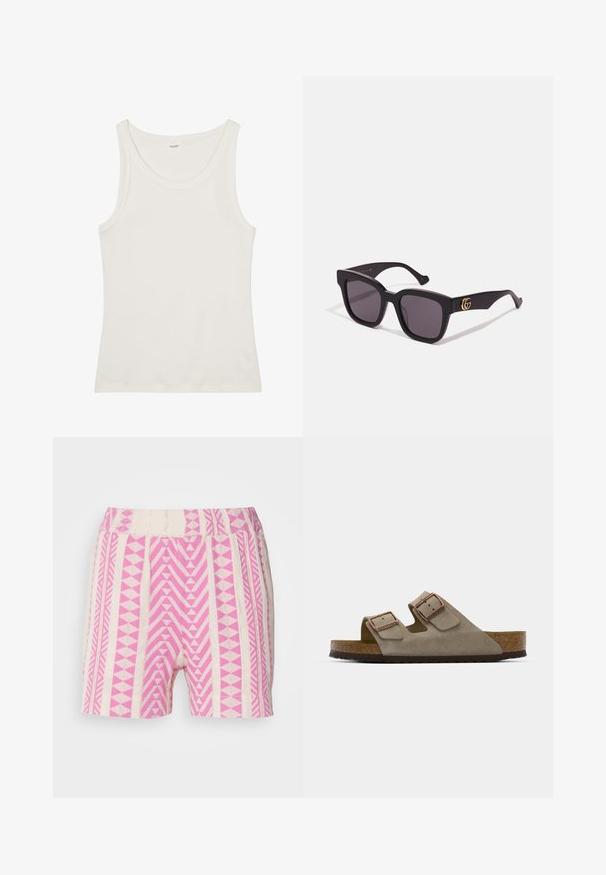 Vit bomullstopp med vid halsringning och tunna axelremmar. Slät textur utan synliga mönster eller dekorationer.; Rosa och krämfärgade mönstrade shorts med geometriska mönster. Har en struktur av elastisk midja och en avslappnad passform.; Suedelik sandaliaslipp i ljusgrått med två justerbara spännen, en kork-mellansula och en texturerad gummisula.; Svarta fyrkantiga solglasögon med mörka linser, med guldlogotypaccenter på skalmarna och en matt finish. Vinklad design för en djärv look.