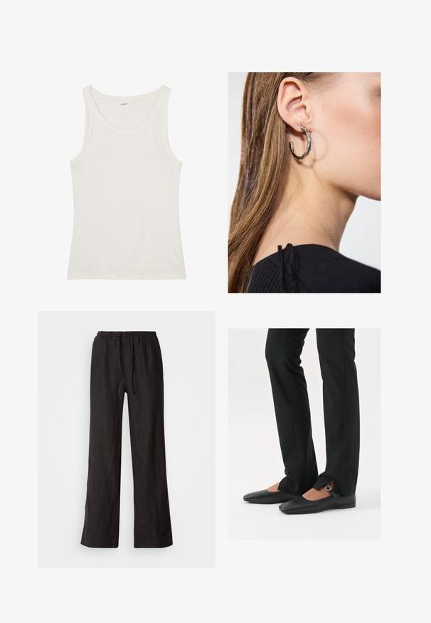 Valge puuvillane top, millel on lai kaelus ja õhukesed õlavarre rihmad. Sile tekstuur ilma nähtavate mustrite või kaunistusteta.; Mustad, laiad püksid elastse vöökoha ja paelaga. Valmistatud kergest kangast, millel on sile tekstuur ja sirged sääred.; Mustadast mustast nahast balletkingad terava ninaga, millel on rihm hõbedase klambriga, kokku sobitatud mustade ülikondpükstega, millel on lõhiku serv.; Hõbedane rõngas kõrvarõngas poleeritud viimistlusega, millel on väikesed kuldsed aktsendid ja ümmargune kuju, kantud lobus.