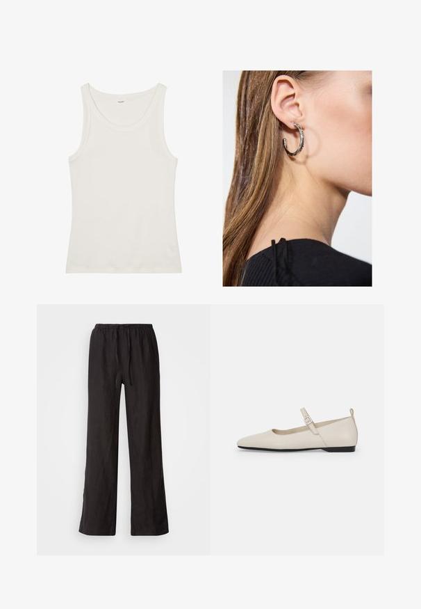 Valge puuvillane top, millel on lai kaelus ja õhukesed õlavarre rihmad. Sile tekstuur ilma nähtavate mustrite või kaunistusteta.; Mustad, laiad püksid elastse vöökoha ja paelaga. Valmistatud kergest kangast, millel on sile tekstuur ja sirged sääred.; Valgete nahast Mary Jane lamedate kingade kumerad varbad, külgmine pandla ja madal must konts. Sile tekstuur ja minimalistik disain.; Hõbedane rõngas kõrvarõngas poleeritud viimistlusega, millel on väikesed kuldsed aktsendid ja ümmargune kuju, kantud lobus.
