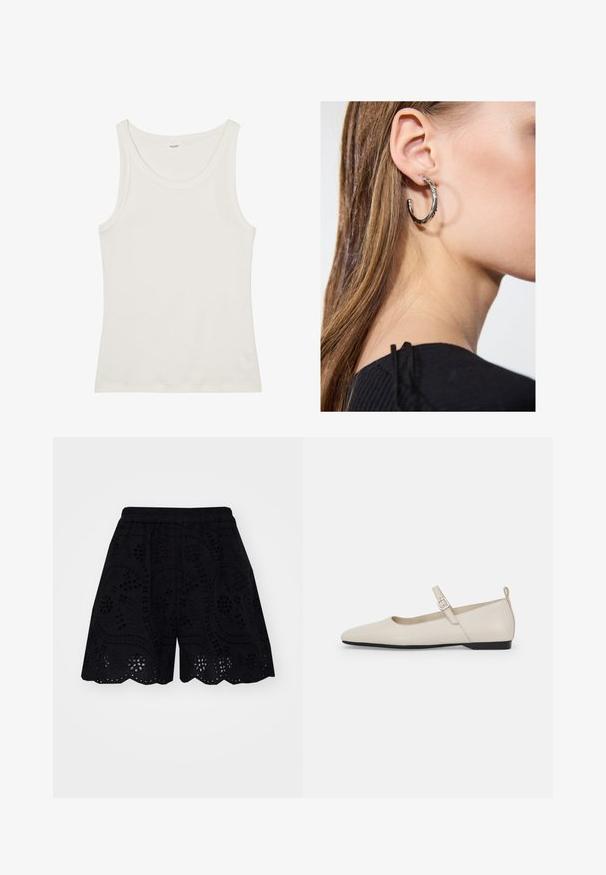 Biely bavlnený tielko s širokým výstrihom a tenkými ramienkami. Hladká textúra bez viditeľných vzorov alebo ozdôb.; Čierne šortky s komplikovanými vyšívanými výrezmi, volánkovým lemom a elastickým pásom pre maximálne pohodlie.; Biele kožené Mary Jane balerínky s špicatou špičkou, postrannou sponou a nízkym čiernym opätkom. Hladká textúra a minimalistický dizajn.; Strieborná kruhová náušnica s lesklým povrchom, obsahujúca malé zlaté akcenty a okrúhly tvar, nosená na lalôčiku ucha.