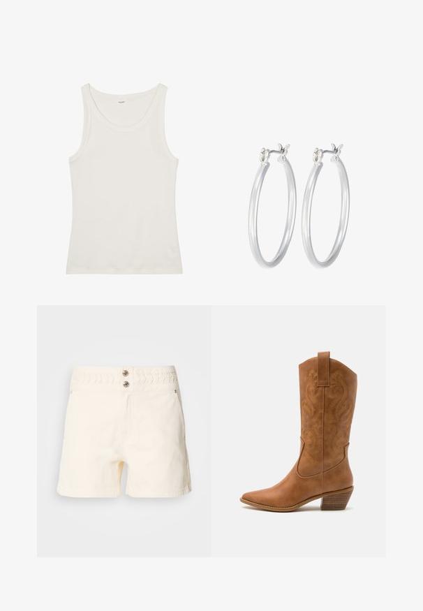 Balta kokvilnas topiņa ar platu kakla izgriezumu un plānām plecu lencēm. Gluda tekstūra bez redzamām apdrukām vai rotājumiem.; Krēmkrāsas džinsu šorti ar teksturētu elastīgu jostasvietu, divām priekšējām kabatām un diviem dekoratīviem pogu akcentiem jostasvietā.; Brūni ādas kovboju zābaks ar norādītu purngalu, izšūtām viļņveida apakšējo detaļu un sakrautajiem blokiem. Iezīmēts ar velkšanas cilpu ērtai uzvilkšanai.; Sudraba riņķveida auss gredzeni ar gludu, pulētu apdari. Apaļa forma un drošs klikšķa augšējais slēgums. Viegls dizains, kas piemērots ikdienas valkāšanai.