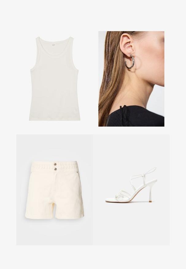 White cotton tank top with a wide neckline and thin shoulder straps. Smooth texture with no visible patterns or embellishments.; Cream-colored denim shorts with a textured elastic waistband, two front pockets, and two decorative button details at the waist.; White strappy high-heeled sandal with a flat toe base, textured front with gathered accents, and a slim ankle strap.; Silver hoop earring with a polished finish, featuring small gold accent details and a round shape, worn on the lobe.