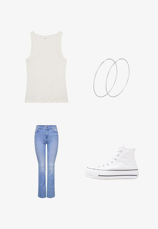 Bela bombažna majica brez rokavov z širokim izrezom in tankimi naramnicami. Gladka tekstura brez vidnih vzorcev ali okraskov.; Svijetloplave traperice s uskim strukom i razjapljenim nogavicama. Ima pet džepova, prednje zatvaranje na gumb i suptilno izblijedjele dijelove.; Beli visoki platneni športni čevelj z črnim gumijastim podplatom, sprednjim gumijastim zaščitnikom za prste in šestimi luknjicami za vezalke, ki se ponaša s preprostim, minimalističnim dizajnom.; Srebrne uhane v obliki obroča z minimalističnim dizajnom. Krožna oblika, gladka tekstura in tanek profil. Lahki s poliranim zaključkom.