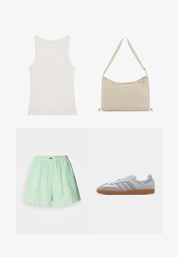 Bílý bavlněný top bez rukávů s širokým výstřihem a tenkými ramínky. Hladká textura bez viditelných vzorů nebo ozdob.; Zeleno-bílé pruhované šortky s elastickým páskem, které mají přední zapínání na knoflík a malé logo na pásku.; Bílé kožené tenisky s světle modrými akcenty, šedým semišovým špičkou a hnědou gumovou podrážkou. Obsahují tři modré pruhy a branding "Samba".; Beige textilní ramenní taška s hladkým povrchem, zipovým uzávěrem, nastavitelným popruhem a diskrétním logem na přední straně. Jednoduchý, minimalistický design.