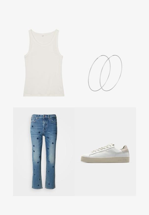 Biely bavlnený tielko s širokým výstrihom a tenkými ramienkami. Hladká textúra bez viditeľných vzorov alebo ozdôb.; Svetlo modré džínsy s rovnými nohavicami, zdobené námorníckym kvetinovým vyšívaním a efektom opotrebovania v okolí vreciek a lemu.; Biele kožené tenisky s hladkým povrchom, béžové sametové akcenty, okrúly špička, plochý dizajn na šnurovanie a štruktúrovaná gumová podrážka.; Strieborné kruhové náušnice s minimalistickým dizajnom. Cirkulárny tvar, hladký povrch a tenký profil. Ľahké s lesklým povrchom.
