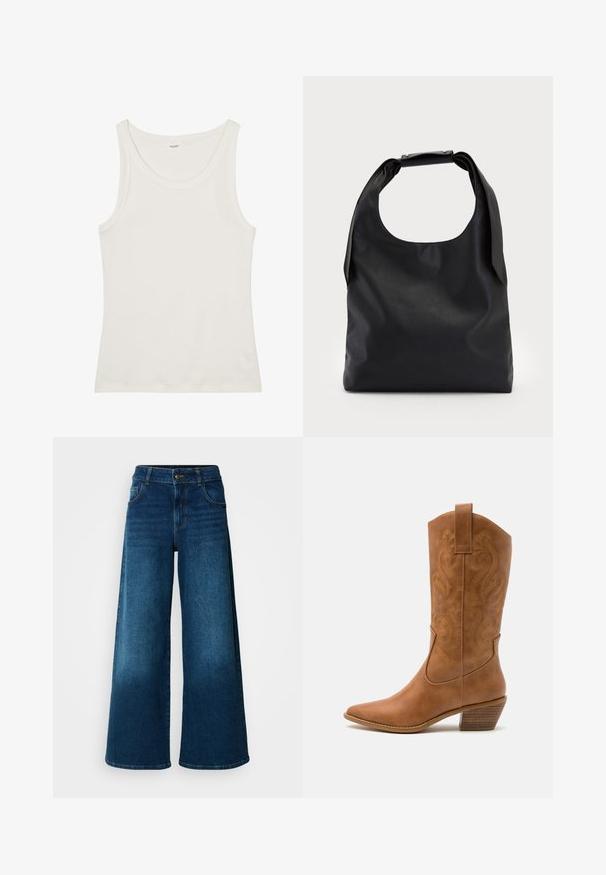 Balta kokvilnas topiņa ar platu kakla izgriezumu un plānām plecu lencēm. Gluda tekstūra bez redzamām apdrukām vai rotājumiem.; Plati kāju džinsi, izgatavoti no tumši zila denima. Iezīmē augstu jostasvietu, pogu aizdari un klasisko piecu kabatu dizainu ar vieglu izbalēšanu.; Brūni ādas kovboju zābaks ar norādītu purngalu, izšūtām viļņveida apakšējo detaļu un sakrautajiem blokiem. Iezīmēts ar velkšanas cilpu ērtai uzvilkšanai.; Melnas ādas rokassoma ar plašu atvērtu augšu un vienu plecu siksnu. Mīksta tekstūra, minimāls dizains, ar smalkiem metāla aksesuāriem.; Sudraba riņķveida auss gredzeni ar gludu, pulētu apdari. Apaļa forma un drošs klikšķa augšējais slēgums. Viegls dizains, kas piemērots ikdienas valkāšanai.