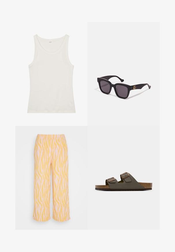 Balta kokvilnas topiņa ar platu kakla izgriezumu un plānām plecu lencēm. Gluda tekstūra bez redzamām apdrukām vai rotājumiem.; b.young BYFalakka - Auduma bikses - blazing orange; Tumši zaļi slaidi sandales ar divām regulējamām siksnām un vara krāsas detaļām, ar korķa pēdu un teksturētu gumijas zoli.; Melni kvadrātveida saulesbrilles ar tumšiem stikliem, kuru tempļos ir zelta logotipa aksesuāri un matēta apdare. Leņķains dizains, lai radītu drosmīgu izskatu.