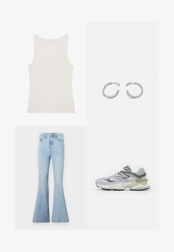 Hvit bomullstopp med vid halsutskjæring og tynne skulderstropper. Glatt tekstur uten synlige mønstre eller dekorasjoner.; Lyseblå utsvingte jeans laget av denim, med høy midje, subtil falming, og store klokkeermer med en ren søm.; Grå semsket og mesh sneakers med en tykk hvit og beige såle, som har et fremtredende hvitt logo og røde aksentdetaljer.; Sølv hoop øredobber med en glatt, avrundet design og en elegant, polert finish. Har en minimalistsk form med en liten åpning.