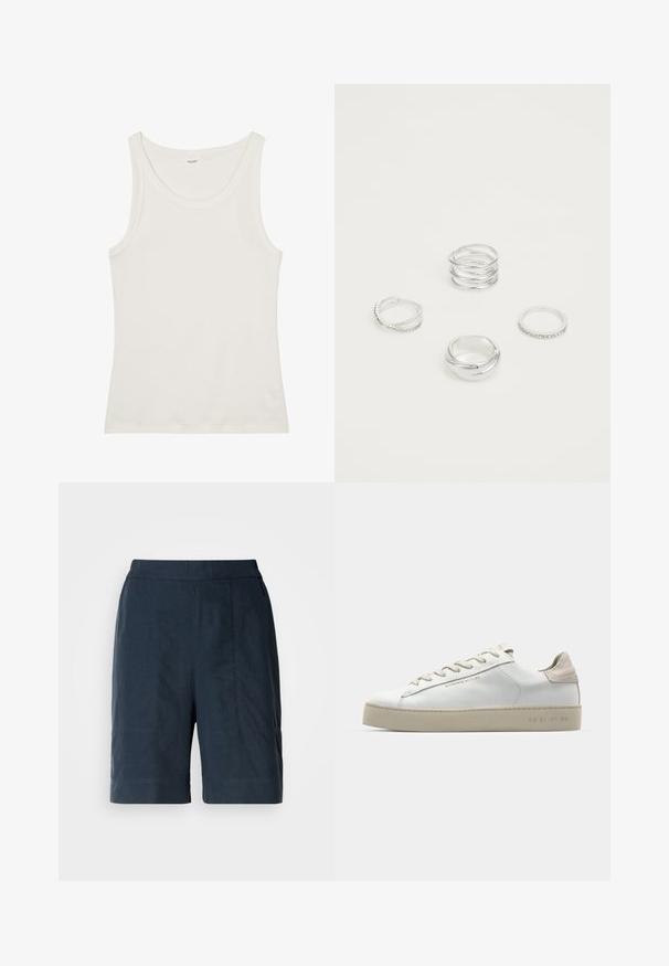 Balta kokvilnas topiņa ar platu kakla izgriezumu un plānām plecu lencēm. Gluda tekstūra bez redzamām apdrukām vai rotājumiem.; Tums zila krāsa, īsie svārki, izgatavoti no viegla auduma, ar taisnu piegriezumu, divām priekšējām kabatām un nemanāmām šuvju detaļām.; Baltas ādas sporta apavi ar gludu virsmu, bēšas zamša akcenti, apaļa pirksta forma, plakans šņorēšanas dizains un tekstūrota gumijas zole.; Četras sudraba gredzeni ar dažādiem dizainiem: savīti josla, slāņoti viļņi, smalki kristāli un gluda josla ar maziem akcentiem.