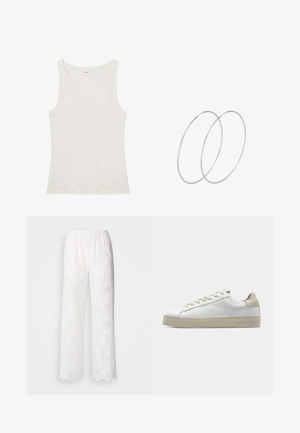 Weißes Baumwolltanktop mit weitem Ausschnitt und dünnen Schulterträgern. Glatte Textur ohne sichtbare Muster oder Verzierungen.; Weiße Baumwollhosen mit einem gewellten Saum, die mit Durchbruchmustern versehen sind und einen lässigen Schnitt haben. Sie sind mit einem elastischen Bund für zusätzlichen Komfort gestaltet.; Weiße Leder-Sneaker mit glatter Oberfläche, beigen Wildleder-Akzenten, runder Zehenpartie, flachem Schnürdesign und einer strukturierten Gummisohle.; Silberne Creolen mit minimalistischem Design. Rundform, glatte Oberfläche und dünnes Profil. Leichtgewichtig mit hochglänzender Oberfläche.