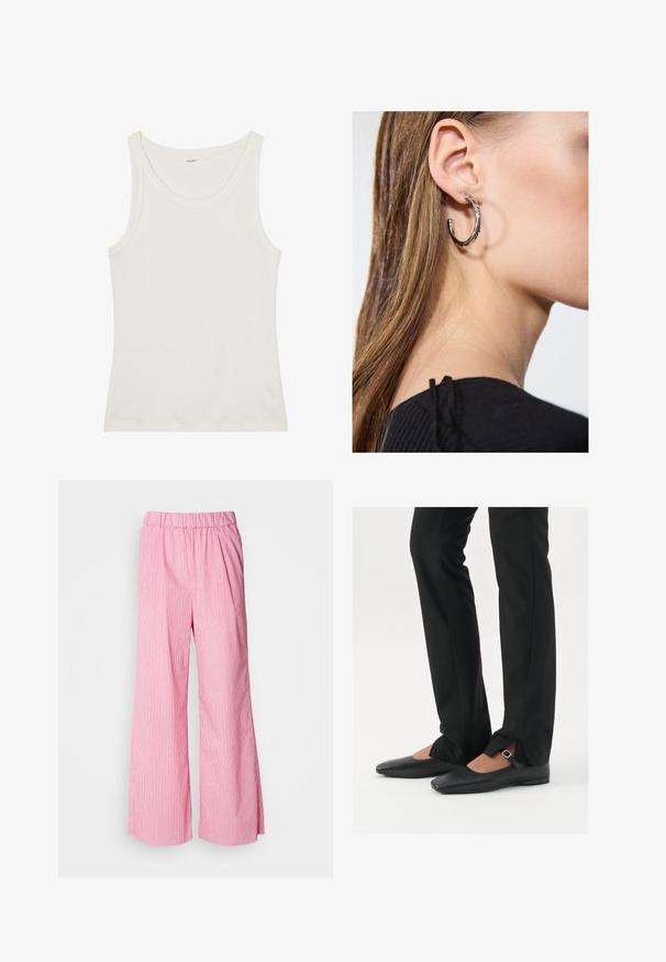 White cotton tank top with a wide neckline and thin shoulder straps. Smooth texture with no visible patterns or embellishments.; Pink wide-leg trousers with vertical white stripes, elastic waistband, lightweight fabric, and a relaxed fit for comfort.; Black leather ballet flats with a pointed toe, strap with silver buckle, paired with black tailored pants featuring a slit hem.; Silver hoop earring with a polished finish, featuring small gold accent details and a round shape, worn on the lobe.