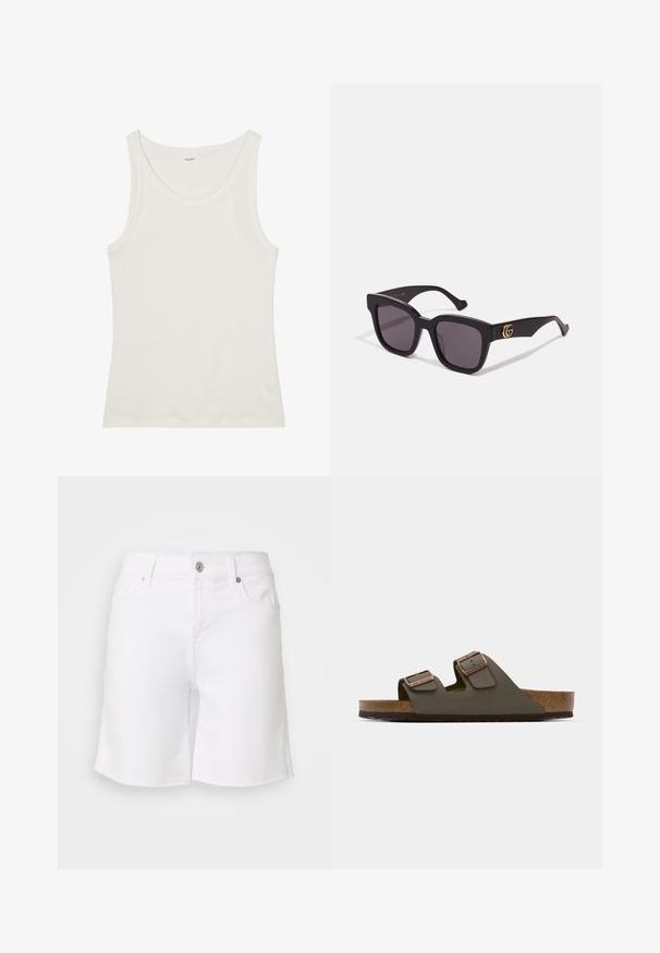 Balta medvilnės marškinėliai be rankovių su plačiu kaklu ir plonomis petnešėlėmis. Lygus paviršius be matomų raštų ar papuošimų.; Balti džinsiniai šortai su neapdorotu kraštu, penkiomis kišenėmis ir metaliniu mygtuku. Yra prigludęs juosmuo ir laisvo kirpimo kojos dizainas.; Tamsiai žalia šlepetė su dviem reguliuojamais dirželiais ir vario spalvos detalėmis, su kamštiniu padu ir tekstūruotu guminiu padu.; Juodi kvadratiniai saulės akiniai su tamsiais objektyvais, su auksinėmis logotipo detalėmis ant šventyklų ir matinio finisuo. Kampuota forma, suteikianti drąsų įvaizdį.