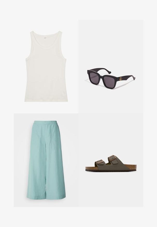 Biely bavlnený tielko s širokým výstrihom a tenkými ramienkami. Hladká textúra bez viditeľných vzorov alebo ozdôb.; Bledé modré nohavice so širokými nohavicami vyrobené z ľahkej tkaniny, s elastickým pásom a čistým, minimalistickým prešívaním.; Tmavozelené nazúvacie sandále s dvoma nastaviteľnými popruhmi a medenými kovovými doplnkami, vybavené korkovou stielkou a textúrovanou gumovou podrážkou.; Čierne slnečné okuliare so škvrnitými sklami, s zlatými logovými akcentmi na stranách a matným povrchom. Úhlový dizajn pre odvážny vzhľad.