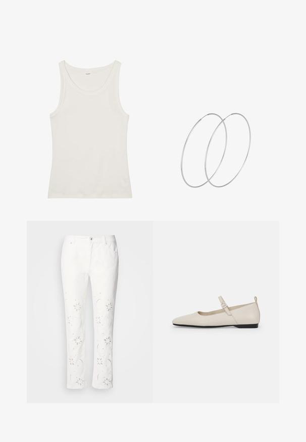 Valkoinen puuvillainen hihaton paita, jossa on leveä pääntie ja ohuet olkaimet. Sileä pinta ilman näkyviä kuvioita tai koristeita.; Valkoiset puuvillahousut, joissa on kukkakirjontaa säärillä, suora leikkaus ja napitettava vyötärö.; Valkoiset nahka-Mary Jane -flatot, joissa on terävä kärki, sivunappi ja matala musta korko. Sujuva rakenne ja minimalismi.; Hopehope hopeilla, joissa on minimalistinen muotoilu. Pyöreä muoto, sileä pinta ja ohut profiili. Kevyet ja kiillotetut.