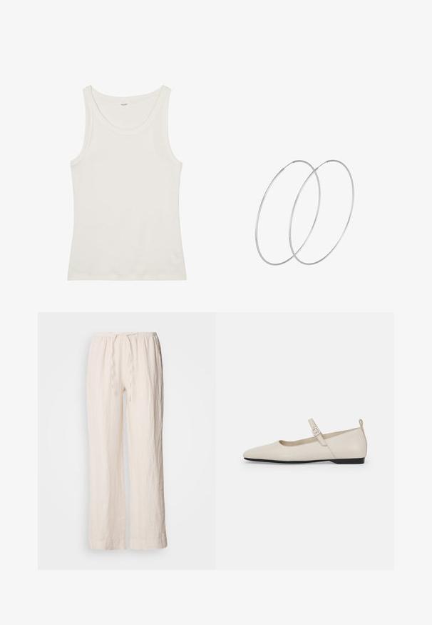 Hvid bomulds tanktop med en bred halsudskæring og tynde skulderstropper. Glat tekstur uden synlige mønstre eller udsmykninger.; Linned, lys beige brede bukser med elastisk talje og snoretræk. Har en struktureret, let krøllet overflade.; Hvide læder Mary Jane flade sko med spids tå, sidelukning og lav sort hæl. Glat overflade og minimalistisk design.; Sølvøreringe med et minimalistisk design. Cirkulær form, glat tekstur og tynd profil. Letvægtige med en poleret overflade.