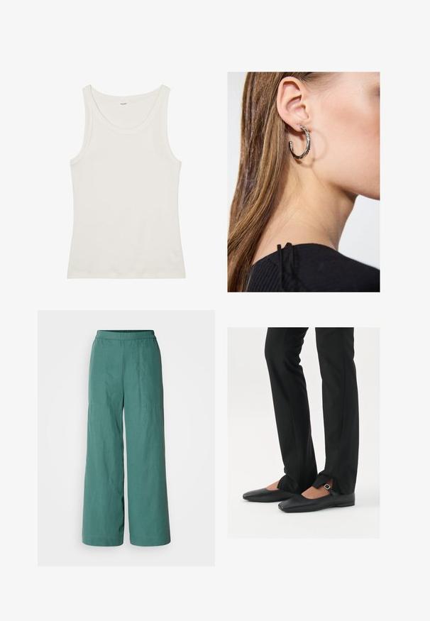 Bílý bavlněný top bez rukávů s širokým výstřihem a tenkými ramínky. Hladká textura bez viditelných vzorů nebo ozdob.; Široké kalhoty v jednotné barvě teal, s elastickým pasem a lehkým texturovaným materiálem. Vhodné pro každodenní nošení.; Černé kožené baleríny s špičatou špičkou, páskem se stříbrnou sponou, společně s černými kalhotami s úzkým střihem a rozparky na lemech.; Stříbrný kruhový náušník s lesklým povrchem, zdobený malými zlatými akcenty, v kulatém tvaru, nošený na lalůčku.