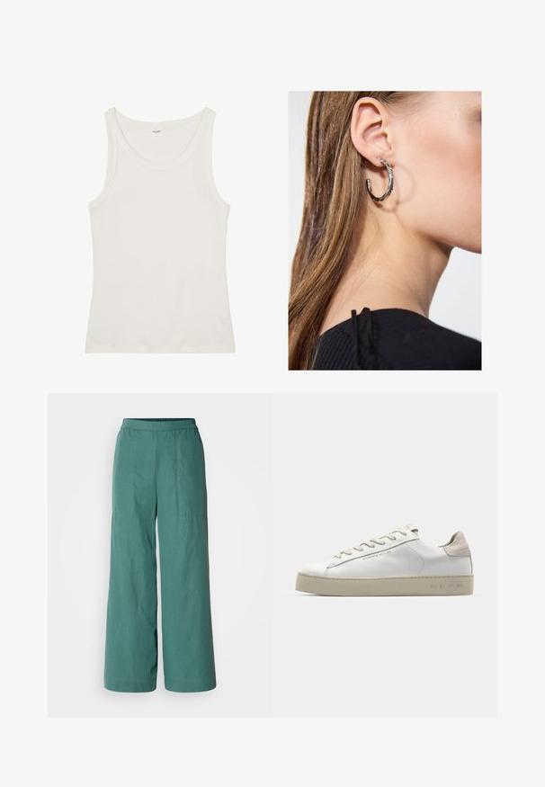 Biely bavlnený tielko s širokým výstrihom a tenkými ramienkami. Hladká textúra bez viditeľných vzorov alebo ozdôb.; Dlhé nohavice so širokými nohavicami v jednoliatej tealovej farbe, s elastickým pásom a ľahkou, textúrovanou tkaninou. Vhodné na neformálne nosenie.; Biele kožené tenisky s hladkým povrchom, béžové sametové akcenty, okrúly špička, plochý dizajn na šnurovanie a štruktúrovaná gumová podrážka.; Strieborná kruhová náušnica s lesklým povrchom, obsahujúca malé zlaté akcenty a okrúhly tvar, nosená na lalôčiku ucha.
