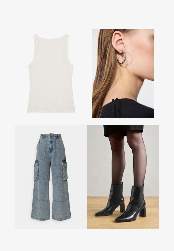 Valkoinen puuvillainen hihaton paita, jossa on leveä pääntie ja ohuet olkaimet. Sileä pinta ilman näkyviä kuvioita tai koristeita.; Vaaleansiniset leveät farkuista valmistetut cargo-housut, joissa on etu- ja sivutaskut, teksturoitu pinta ja näkyvät ompeluvarat.; Mustat nahkasaappaat nilkkamittaisella varrella, terävässä kärjessä, paksussa neliömassassa ja tyylikkäässä muotoilussa. Varustettu joustavilla sivupaneeleilla, jotka helpottavat pukemista.; Hopea renkaankorvakoru kiiltävällä pinnalla, jossa on pieniä kultaisia yksityiskohtia ja pyöreä muoto, käytetty korvalla.