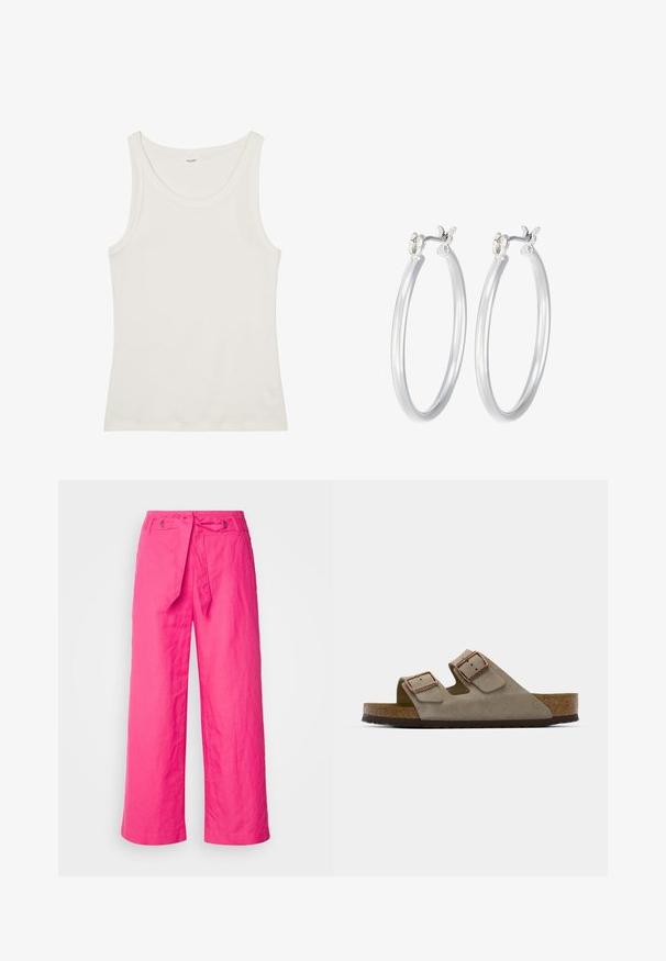 Witte katoenen tanktop met een brede halslijn en dunne schouderbandjes. Gladde textuur zonder zichtbare patronen of versieringen.; Roze linnen broek met wijde pijpen en strikceintuur, met een gestructureerd oppervlak en metalen accenten op de taille.; Suède slipper in lichtgrijs met twee verstelbare gespen, een kurken tussenzool en een gestructureerde rubberen buitenzool.; Zilveren oorbellen in de vorm van een gladde, gepolijste ring. Ronde vorm met een veilige kliksluiting. Lichtgewicht ontwerp, geschikt voor dagelijks gebruik.