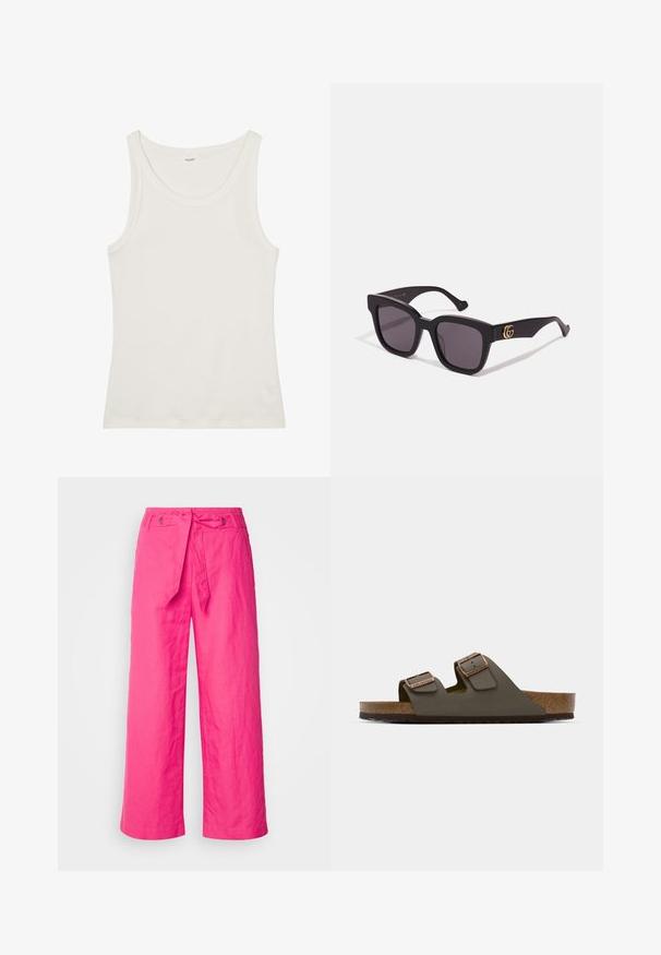 Biała bawełniana koszulka na ramiączkach z szerokim dekoltem i cienkimi ramiączkami. Gładka faktura bez widocznych wzorów czy zdobień.; Różowe lniane spodnie w szerokim kroju z wiązaniem w talii, z teksturowaną powierzchnią i metalowymi akcentami w okolicy talii.; Ciemnozielone klapki wsuwane z dwoma regulowanymi paskami i miedzianymi akcentami, z korkową wkładką i teksturowaną gumową podeszwą.; Czarne kwadratowe okulary przeciwsłoneczne z ciemnymi soczewkami, z złotymi akcentami logo na nausznikach i matowym wykończeniem. Kanciasty design dla odważnego wyglądu.