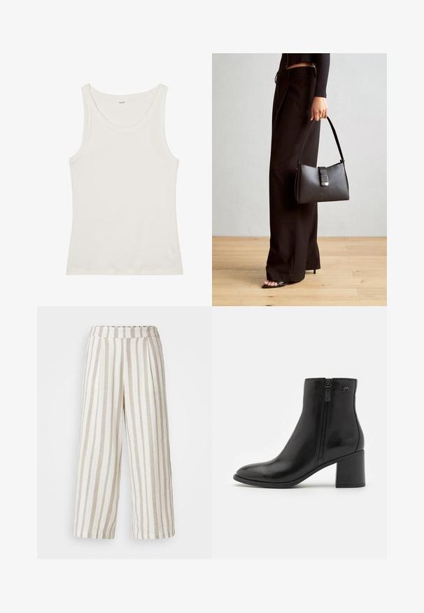 Bijela pamučna majica bez rukava s širokim izrezom i tankim naramenicama. Glatka tekstura bez vidljivih uzoraka ili ukrasa.; Hlače širokih nogavica u svijetlo bež boji s kremasto bijelim prugama. Izrađene od teksturiranog materijala, s elastičnim pojasom i nabranim dizajnom.; Crne gležnjače napravljene od glatke kože s bočnim patentnim zatvaračem. Imaju oštar vrh i teksturiranu blok petu za stabilnost.; Crna torba s oblikom koji sadrži strukturu, glađu teksturu i metalnu kopču. Uparena s širokim crnim hlačama i sandalama na otvorenom s drvenog poda.