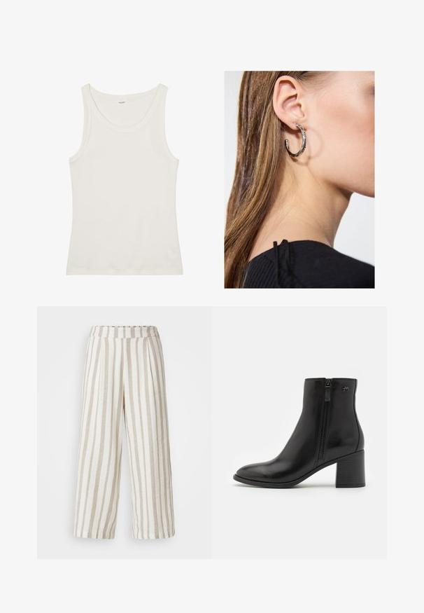 Fehér pamut ujjatlan felső széles nyakkivágással és vékony pántokkal. Sima felület, látható minták vagy díszítések nélkül.; Világos bézs és krém csíkos, bő szabású nadrágok. Texturált anyagból készült, rugalmas derékkal és redőzött kialakítással.; Fekete bokacipők sima bőrből, oldalirányú cipzárral. A csúcsos orr és a struktúrált tömbsarok a stabilitás érdekében.; Ez egy ezüst fülbevaló, sima felülettel, amelyen apró arany díszítőelemek találhatók. Kerek formájú és a fülcimpán viselik.