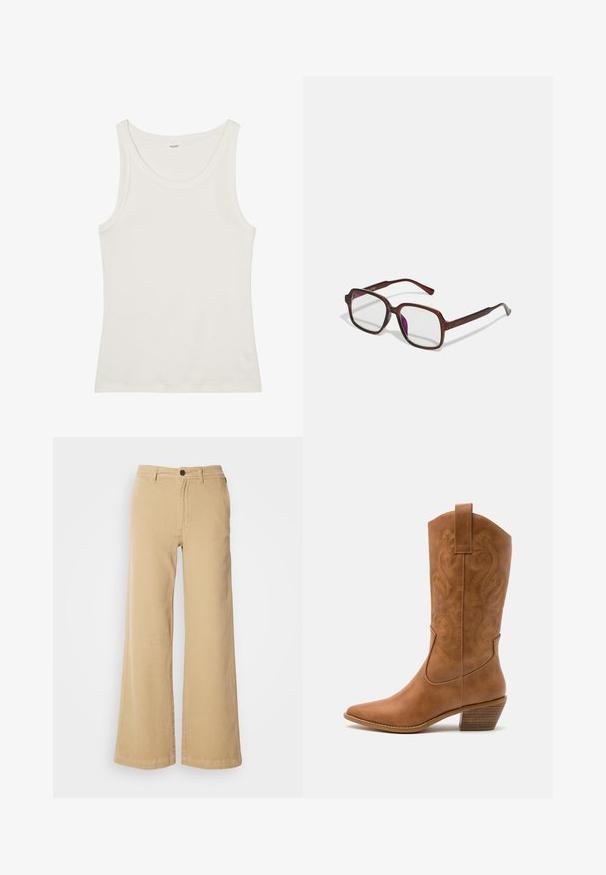 Biely bavlnený tielko s širokým výstrihom a tenkými ramienkami. Hladká textúra bez viditeľných vzorov alebo ozdôb.; Beige nohavice s širokým strihom vyrobené z kombinácie bavlny, so zapínaním na prednej strane, pútkami na opasok a prešitím pozdĺž švov.; Hnedé kožené kovbojské topánky s špicatou špičkou, vyšívanými vírivkami na štýle a blokovým podpätkom. Obsahuje praktický pútko na ľahké obúvanie.; Hnedé, obdĺžnikové dioptrické okuliare s priehľadnými šošovkami a fialovými odtieňmi. Hladký plastový rám so zásadnými nožičkami a jemnými akcentmi.; Strieborné kruhové náušnice s hladkým, lesklým povrchom. Kolový tvar a bezpečné klikanie na uzatváranie. Ľahký dizajn vhodný na každodenné nosenie.