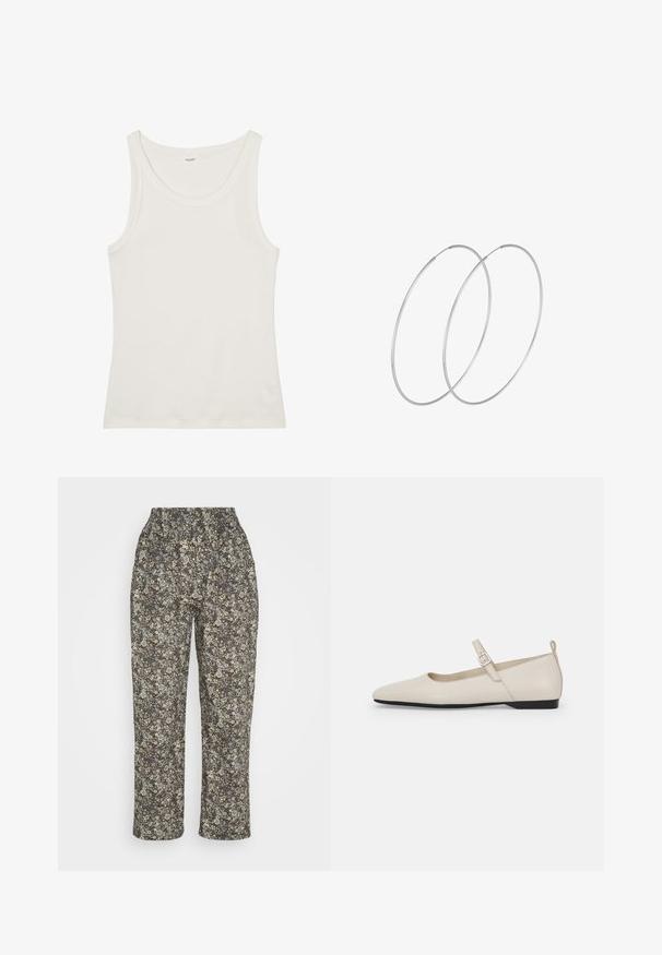 Balta medvilnės marškinėliai be rankovių su plačiu kaklu ir plonomis petnešėlėmis. Lygus paviršius be matomų raštų ar papuošimų.; Gėlėmis dekoruoti kelnes su elastine juosta. Pagamintos iš lengvos medžiagos rudos spalvos su kreminiais, mėlynais ir žaliais gėlių raštais. Tiesaus kirpimo.; Balti odiniai Mary Jane batai su smailiu priekiu, šoniniu užsegimu ir žemu juodu kulniuku. Sklandus paviršius ir minimalistinis dizainas.; Sidabrinės pusmėnulio auskarai minimalistiniu dizainu. Apskritimo forma, lygus paviršius ir plonas profilis. Lengvi su poliruotu apdailu.