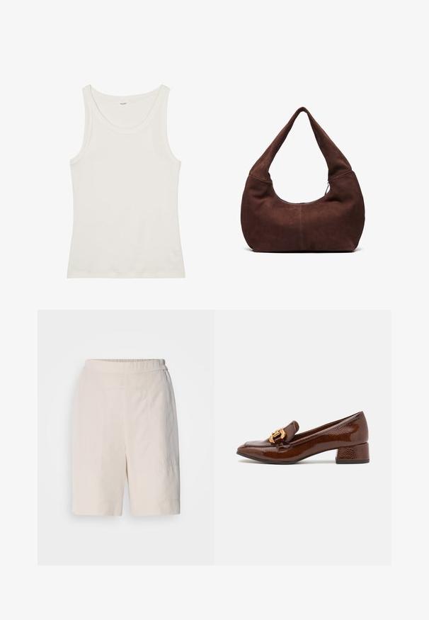 Débardeur en coton blanc avec un col large et de fines bretelles. Texture lisse sans motifs ni embellissements visibles.; Shorts couleur crème à coupe décontractée, avec un devant plat, une taille élastique et des détails de couture subtils sur les côtés.; Mocassins en cuir marron avec une finition brillante, dotés d'une boucle décorative en or à l'avant et d'un talon bas. Design classique.; Sac hobo en daim marron avec une poignée large et incurvée et une grande ouverture. Texture douce avec des détails de couture visibles le long des bords.
