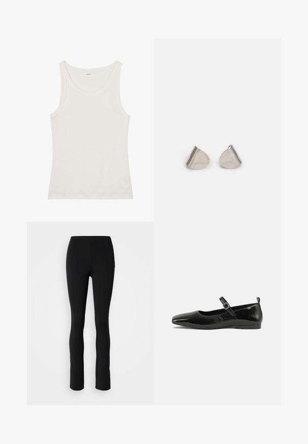 Bijela pamučna majica bez rukava s širokim izrezom i tankim naramenicama. Glatka tekstura bez vidljivih uzoraka ili ukrasa.; Crne tajice od rastezljivog materijala, s prilagođenim siluetom, srednjim strukom i šavovima uz prednju i stražnju stranu.; Crne lakirane ravne cipele s šiljastim vrhom, naramenicom s kopčom i glatkom, sjajnom teksturom. Niska peta za udobnost.; Srebrne metalne naušnice s glatkim, oblikom suze i poliranim završetkom. Suptilni utori dodaju detalje. Minimalistički dizajn.