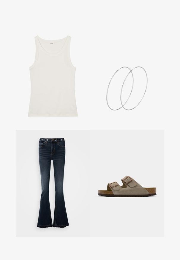White cotton tank top with a wide neckline and thin shoulder straps. Smooth texture with no visible patterns or embellishments.; Dark denim flared jeans with a high waist, featuring decorative stitching near the waistband and raw edges at the hem.; Suede slide sandal in light grey with two adjustable buckles, a cork midsole, and a textured rubber outsole.; Silver hoop earrings with a minimalist design. Circular shape, smooth texture, and thin profile. Lightweight with a polished finish.