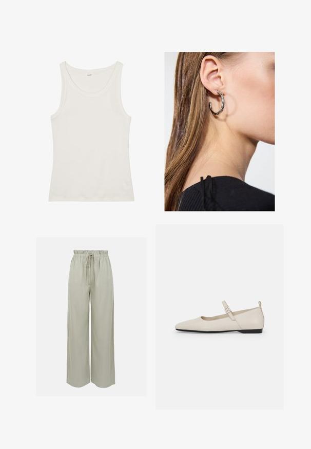 White cotton tank top with a wide neckline and thin shoulder straps. Smooth texture with no visible patterns or embellishments.; Light grey wide-leg pants made of soft fabric. Features an elastic waistband with a drawstring and a smooth texture. No visible patterns.; White leather Mary Jane flats with a pointed toe, side buckle, and low black heel. Smooth texture and minimalistic design.; Silver hoop earring with a polished finish, featuring small gold accent details and a round shape, worn on the lobe.