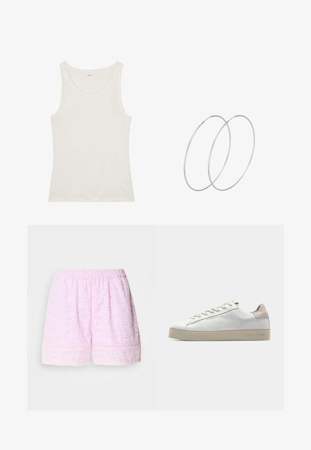 Valge puuvillane top, millel on lai kaelus ja õhukesed õlavarre rihmad. Sile tekstuur ilma nähtavate mustrite või kaunistusteta.; Roosa puuvillased lühikesed püksid, millel on tikandiga lillemuster, elastne vöökoht ja pitsäär. Kerge ja hingav kangas.; Valge nahast toss, millel on sile pind, beežist seemisnahast aktsendid, ümar nina, lame puuvillane pael ja tekstuuriga kummitald.; Hõbedased rõngastikkaehingad minimalistlikus disainis. Ümar kuju, sile tekstuur ja õhuke profiil. Kerged ning poleeritud viimistlusega.