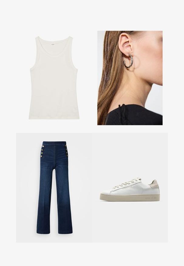 Valge puuvillane top, millel on lai kaelus ja õhukesed õlavarre rihmad. Sile tekstuur ilma nähtavate mustrite või kaunistusteta.; Tumedat sinised denim laiad püksid kõrge vöökohaga, millel on külgedel kuldse nupuga kaunistused ja sile tekstuur koos peente pleekimistega.; Valge nahast toss, millel on sile pind, beežist seemisnahast aktsendid, ümar nina, lame puuvillane pael ja tekstuuriga kummitald.; Hõbedane rõngas kõrvarõngas poleeritud viimistlusega, millel on väikesed kuldsed aktsendid ja ümmargune kuju, kantud lobus.