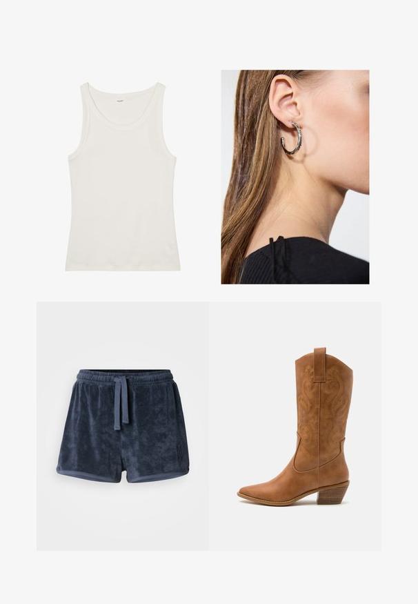 Top din bumbac alb, fără mâneci, cu un decolteu larg și bretele subțiri. Textură netedă, fără modele sau embellismente vizibile.; Pantaloni scurți din țesătură de frotir de culoare albastru marin, cu talie elastică, șnur ajustabil și un mic logo brodat pe lateral. Textură moale.; Botă de cowboy din piele maro cu vârf ascuțit, cu modele brodate în spirală pe tambur și un toc bloc stratificat. Are o bucată pentru prindere pentru a fi îmbrăcată ușor.; Cercel din argint cu un finisaj polișat, având detalii mici din aur și o formă rotundă, purtat pe lobul urechii.