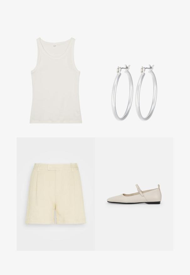 Top in cotone bianco a spalla larga con spalline sottili. Tessuto liscio senza motivi visibili o decorazioni.; Lindex MARIA - Shorts - beige; Décolletés Mary Jane bianchi in pelle con punta affilata, fibbia laterale e tacco basso nero. Texture liscia e design minimalista.; Orecchini a cerchio in argento con una finitura liscia e lucida. Forma rotonda e chiusura a scatto sicura. Design leggero adatto per l'uso quotidiano.