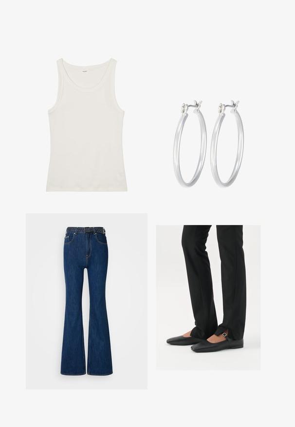 White cotton tank top with a wide neckline and thin shoulder straps. Smooth texture with no visible patterns or embellishments.; Blue denim flared jeans with a high waist, contrast stitching, and a woven belt featuring a braided design. Smooth texture and classic style.; Black leather ballet flats with a pointed toe, strap with silver buckle, paired with black tailored pants featuring a slit hem.; Silver hoop earrings with a smooth, polished finish. Round shape and secure click-top closure. Lightweight design suitable for everyday wear.