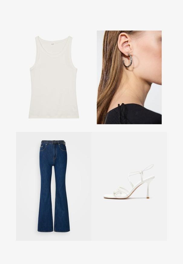 Débardeur en coton blanc avec un col large et de fines bretelles. Texture lisse sans motifs ni embellissements visibles.; Jeans en denim bleu évasés avec une taille haute, des coutures contrastées et une ceinture tissée au design tressé. Texture lisse et style classique.; Sandale à talons hauts blanche avec une base de orteil plate, devant texturé avec des accents froncés et une fine bride à la cheville.; Boucle d'oreille en argent avec une finition polie, présentant de petits détails en or et de forme ronde, portée sur le lobe.