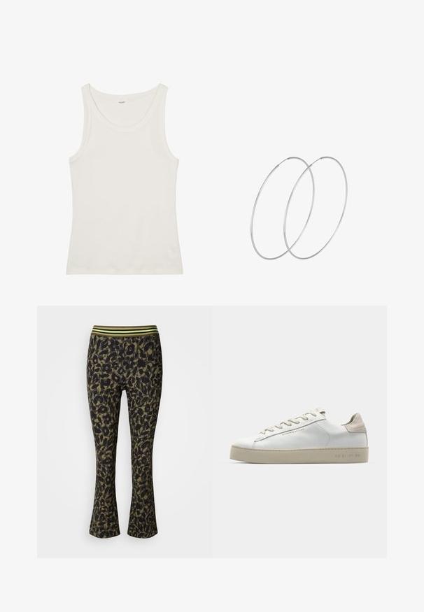 White cotton tank top with a wide neckline and thin shoulder straps. Smooth texture with no visible patterns or embellishments.; Leopard print flared pants in dark green and black with a wide elastic waistband featuring green stripes. Soft, stretchy fabric.; White leather sneaker with a smooth finish, beige suede accents, round toe, flat lace-up design, and a textured rubber sole.; Silver hoop earrings with a minimalist design. Circular shape, smooth texture, and thin profile. Lightweight with a polished finish.