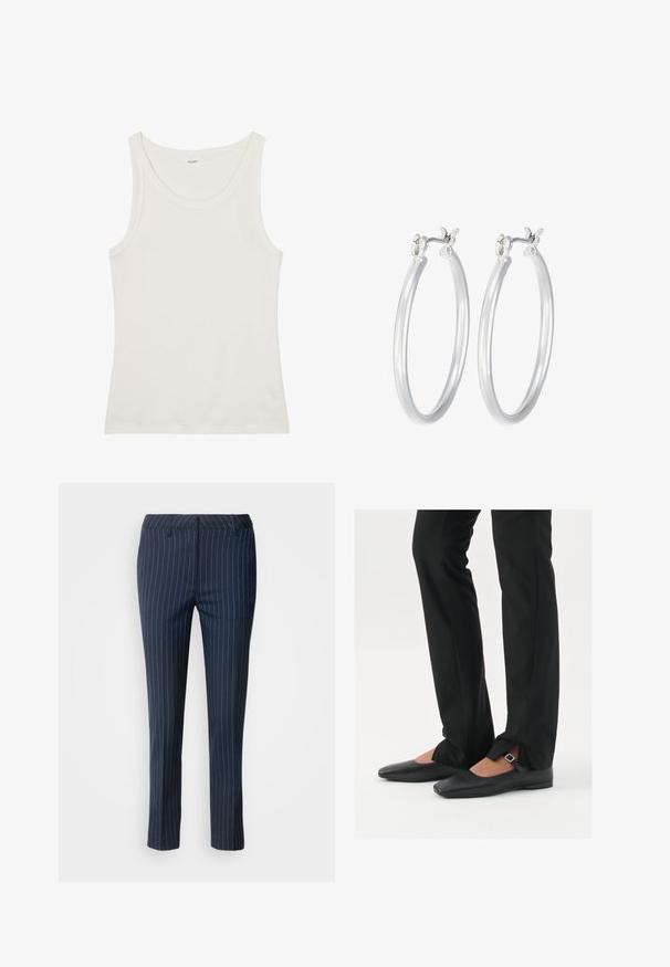 Balta medvilnės marškinėliai be rankovių su plačiu kaklu ir plonomis petnešėlėmis. Lygus paviršius be matomų raštų ar papuošimų.; Jūros mėlynos juostuotos kelnės, pagamintos iš audinio, su pritaikytu siluetu, tiesiomis kojomis ir priekinėmis kišenėmis su glotnia tekstūra.; Juodų odinių balerinų batų su smailiu priekiu, juostele su sidabro sagtimi, derinami su juodomis pritaikytomis kelnėmis, turinčiomis plyšinį hemą.; Sidabriniai auskarai su sklandžiu, poliruotu paviršiumi. Apvalios formos ir saugus uždarymo mechanizmas. Lengvas dizainas, tinkantis kasdieniam dėvėjimui.