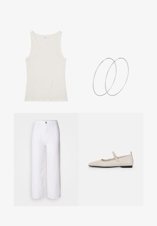 Valge puuvillane top, millel on lai kaelus ja õhukesed õlavarre rihmad. Sile tekstuur ilma nähtavate mustrite või kaunistusteta.; Valged denimid laiad püksid nööbiga kinnitusega, vöökohaga, kahe esi-taskuga ja ühe taga-taskuga. Vastupidav ja tekstuuriline kangas.; Valgete nahast Mary Jane lamedate kingade kumerad varbad, külgmine pandla ja madal must konts. Sile tekstuur ja minimalistik disain.; Hõbedased rõngastikkaehingad minimalistlikus disainis. Ümar kuju, sile tekstuur ja õhuke profiil. Kerged ning poleeritud viimistlusega.