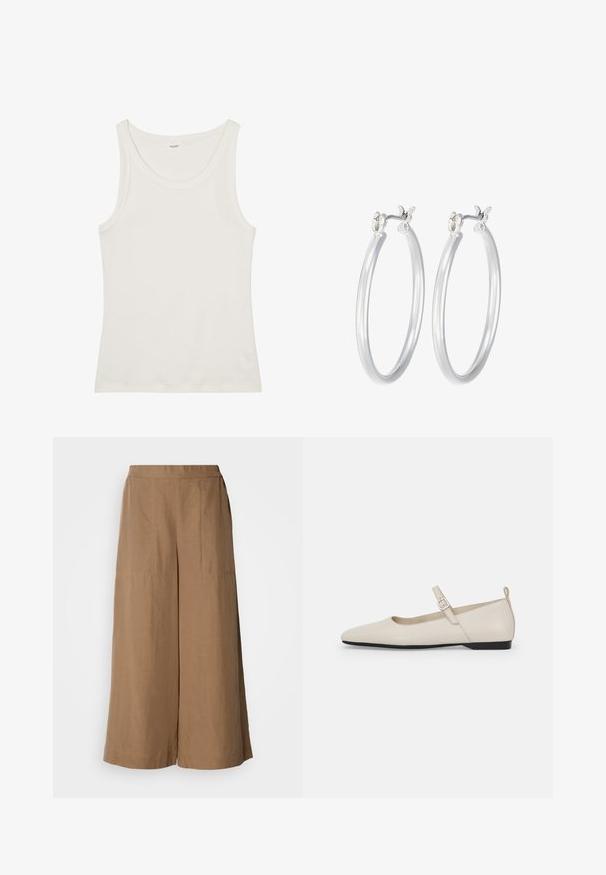 Bela bombažna majica brez rokavov z širokim izrezom in tankimi naramnicami. Gladka tekstura brez vidnih vzorcev ali okraskov.; Široke hlače iz svetlo rjave tkanine. Imajo visok elastičen pas, stranske žepe in gladko teksturo.; Bele balerinke iz belega usnja Mary Jane s špicastim nosom, stranskim zaponko in nizkim črnim peto. Gladka tekstura in minimalističen dizajn.; Srebrni obroči za ušesa z gladko, polirano površino. Okrogla oblika in varna zaponka s klikom. Lahka zasnova, primerna za vsakodnevno nošenje.