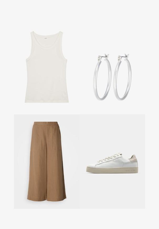 Weißes Baumwolltanktop mit weitem Ausschnitt und dünnen Schulterträgern. Glatte Textur ohne sichtbare Muster oder Verzierungen.; Weite Hosen aus einem hellbraunen, gewebten Stoff. Sie verfügen über einen hohen, elastischen Bund, Seitentaschen und eine glatte Textur.; Weiße Leder-Sneaker mit glatter Oberfläche, beigen Wildleder-Akzenten, runder Zehenpartie, flachem Schnürdesign und einer strukturierten Gummisohle.; Silberne Creolen mit einer glatten, polierten Oberfläche. Runder Form und sicherem Klickverschluss. Leichtes Design, geeignet für den täglichen Gebrauch.
