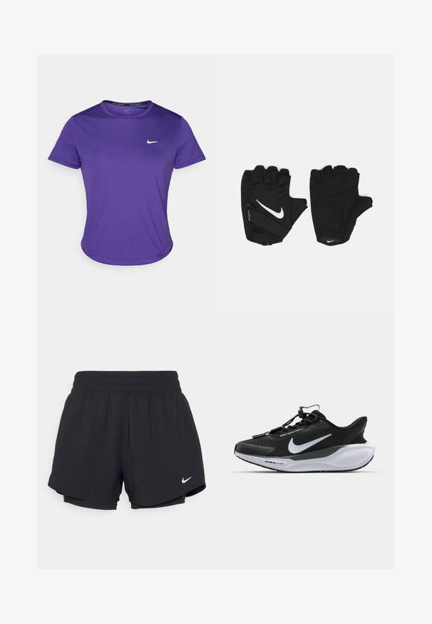 T-shirt de sport violet en tissu évacuant l'humidité, avec des manches courtes et un col rond. Petit logo blanc sur la poitrine.; Shorts de sport noirs avec un waistband élastique froncé, doublure intérieure et logo Nike blanc sur le bas à gauche. Tissu lisse et léger.; Chaussures de sport noires avec un dessus texturé, logo blanc contrastant et une semelle blanche rembourrée. Comporte un système de laçage rapide pour un enfilage facile.; Gants sans doigts noirs en matériau texturé, présentant le logo blanc de Nike au niveau du poignet et de la paume. Coutures renforcées et zone de paume rembourrée.