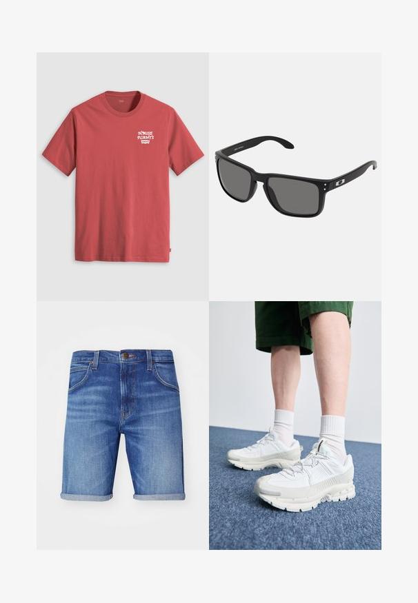 Sarkana kokvilnas T-kreklu ar īsām piedurknēm un apaļu kakla izgriezumu, ar baltu tekstu "HOUSE PLANT'S" virs Levi's logo kreisajā krūtī.; Gaiši zili džinsus šorti ar izbalinātu apdari, ar ruļļveida maliņām, piecām kabatām un ar zīmola metāla pogu jostasvietā.; Baltas sporta apavi ar teksturētām detaļām, masīvu zoli un pelēkiem akcentiem. Valkāti ar baltiem zeķu pēdu apģērbiem un zaļām šortiem uz zilas virsmas.; Melni saulesbrilles ar biezu plastmasas rāmi, tumši pelēkiem stikliem un smalkiem metāla akcentiem uz kātiem. Kvadrāta forma ar gludu tekstūru.