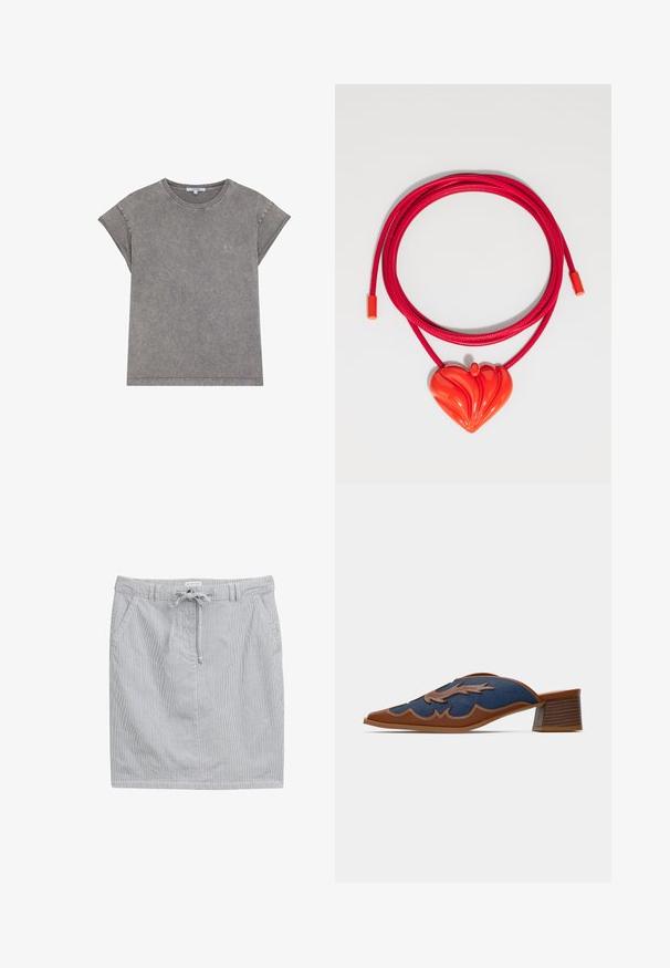 Tricou din bumbac gri, cu guler rotund, mâneci scurte rulate și un logo brodat discret pe piept. Textură moale și croi lejer.; Fustă rayată din bumbac în albastru deschis și alb, cu talie elastică, șnur de ajustare și două buzunare laterale. Textură fină, lungime deasupra genunchiului.; Muli din denim cu vârful ascuțit, accente din piele maro și cusături detaliate într-un model de val. Toc mic din lemn îngrămădit.; Colier roșu cu un pandantiv în formă de inimă lucioasă, având modele ondulate, pe un șnur roșu neted cu capete ajustabile.