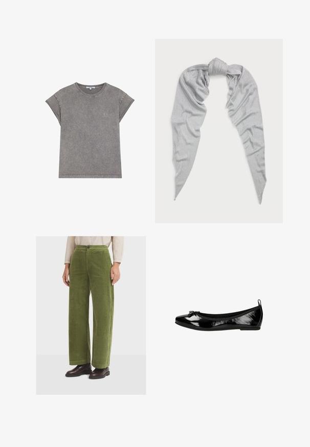 Szara bawełniana koszulka z okrągłym dekoltem, zrolowanymi krótkimi rękawami i subtelnym haftowanym logo na piersi. Miękka tekstura i luźny krój.; Zielone spodnie z sztruksu o szerokich nogawkach, z wysokim stanem i przednimi kieszeniami, z pojedynczym zapięciem na guzik oraz teksturowaną, prążkowaną powierzchnią.; Czarne lakierowane baletki z zaokrąglonym czubkiem i kokardką. Posiadają elastyczną podeszwę i gumkę wokół otwarcia dla większego komfortu.; Srebrny szalik wykonany z miękkiego, teksturowanego materiału. Posiada związany środek oraz wydłużone, zwężające się końce z delikatnym połyskiem.